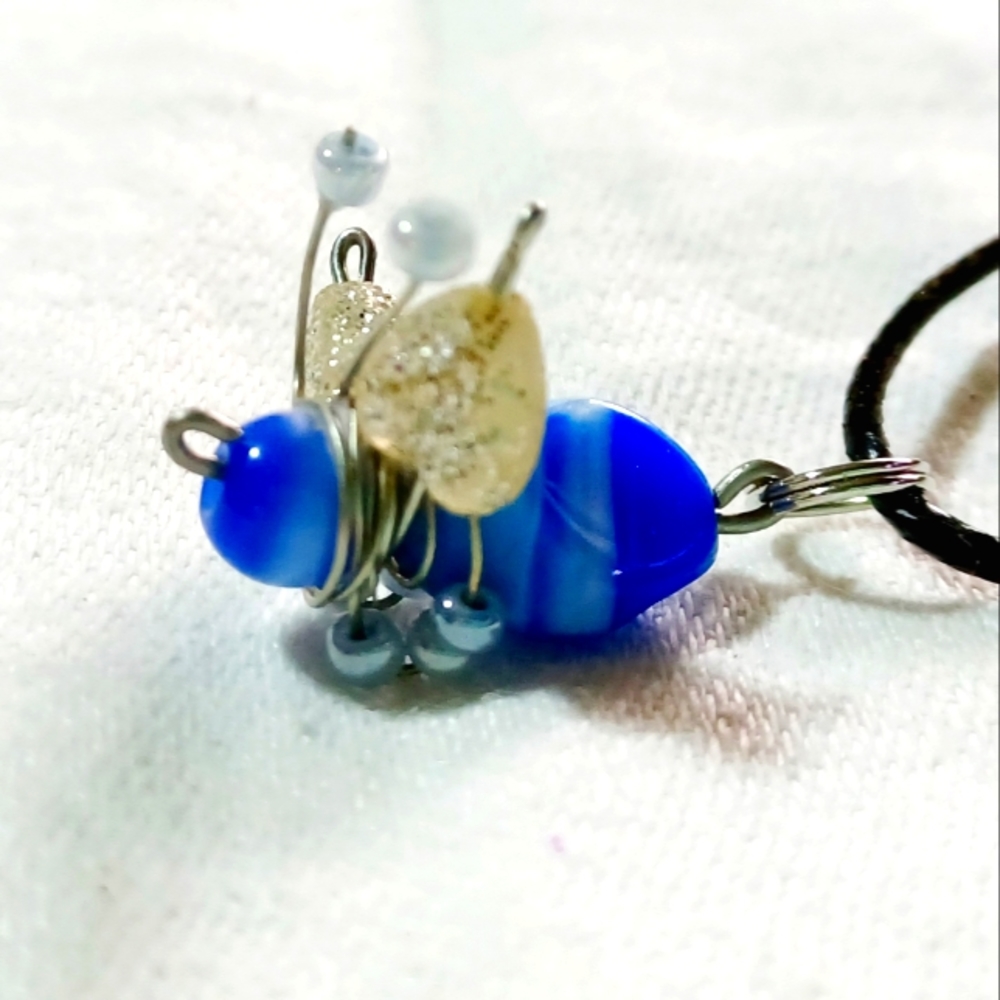 Blue love bug insect fly pendant necklace beaded silver glass glittery handmade